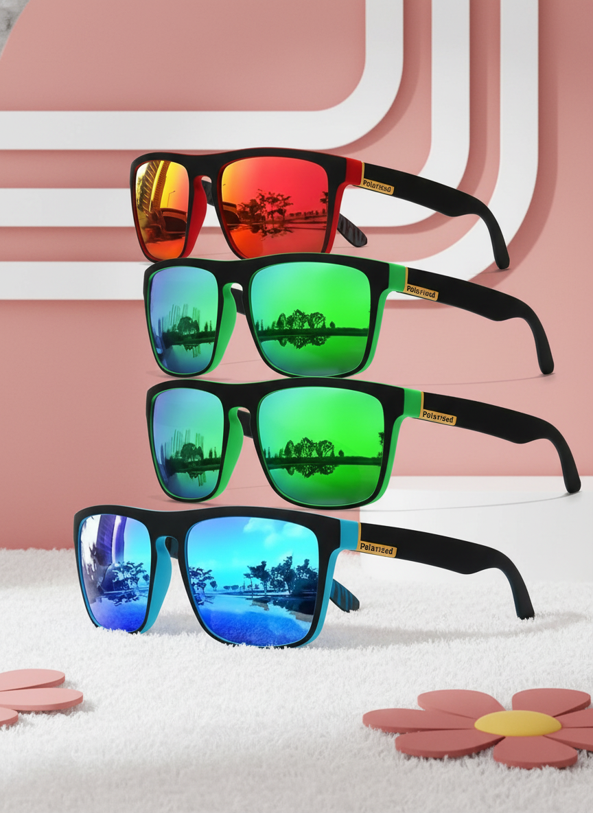 Close-up of vintage square polarized driving sunglasses with dark lenses, resting on a clean surface with rose and white acce